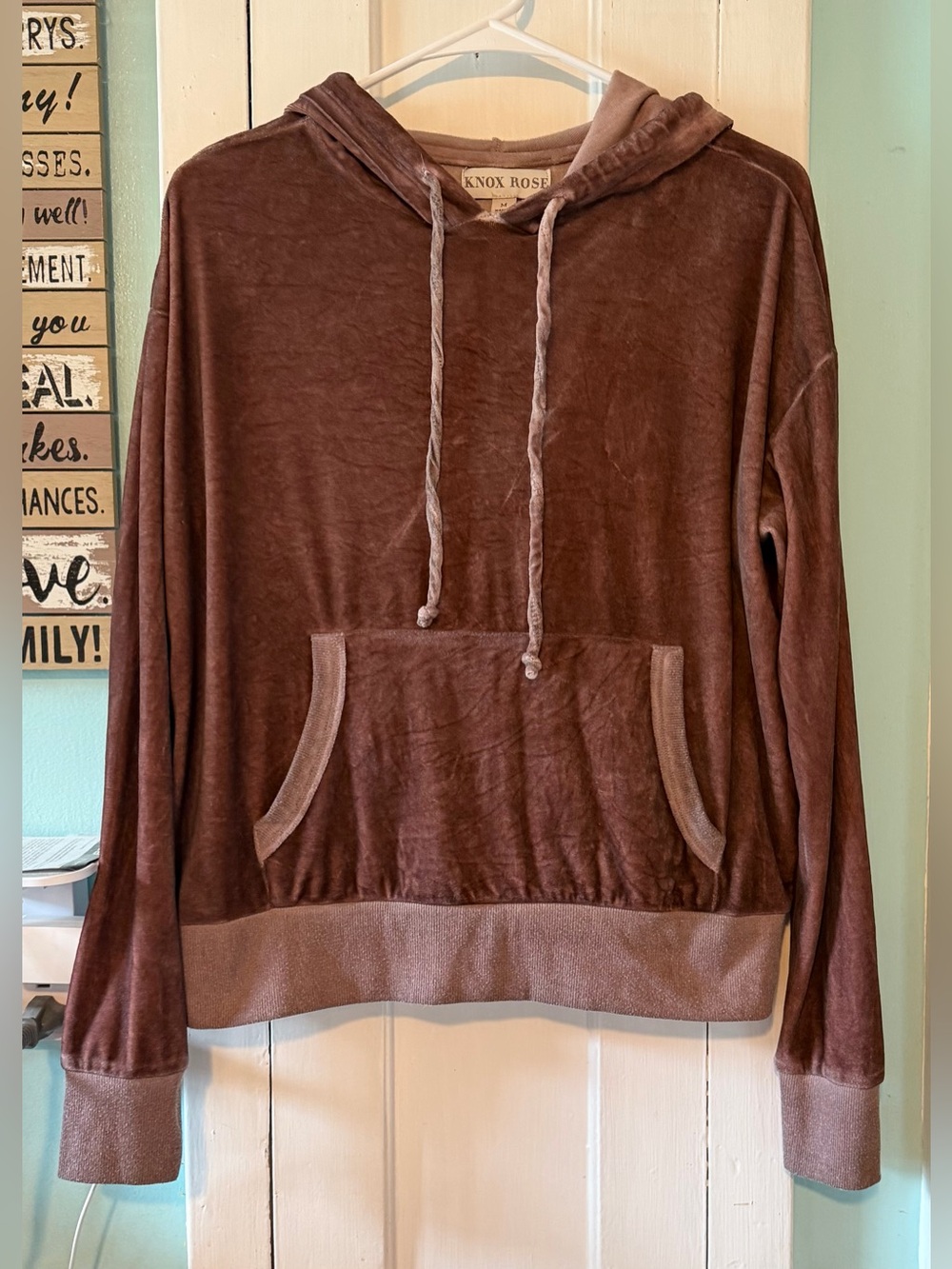 Knox Rose Women's Brown Hooded Velour Pullover Sweater